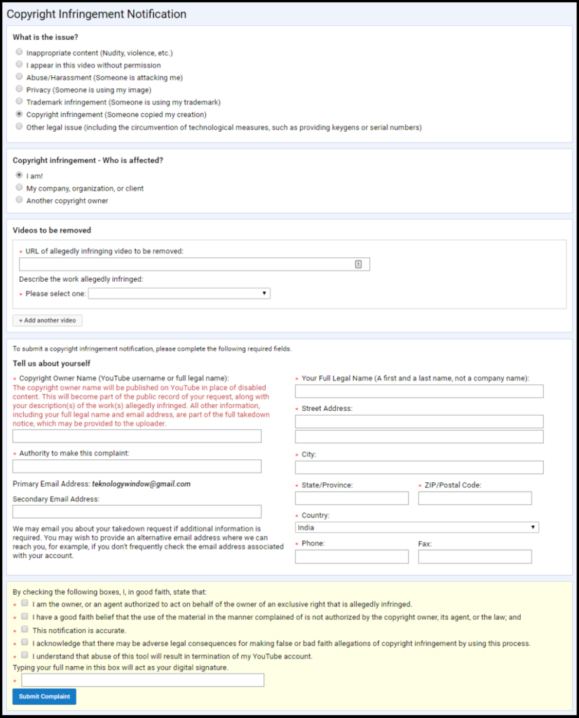 file copyright infringement complaint on youtube